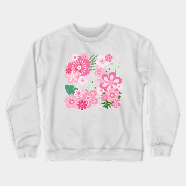 Pink Floral Paradise_Blue Background Crewneck Sweatshirt by leBoosh-Designs